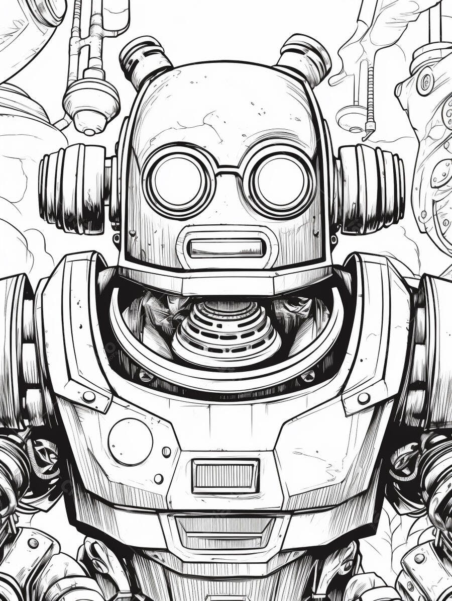 Robô vintage desenho estilo quadrinhos preto e branco em cenário industrial