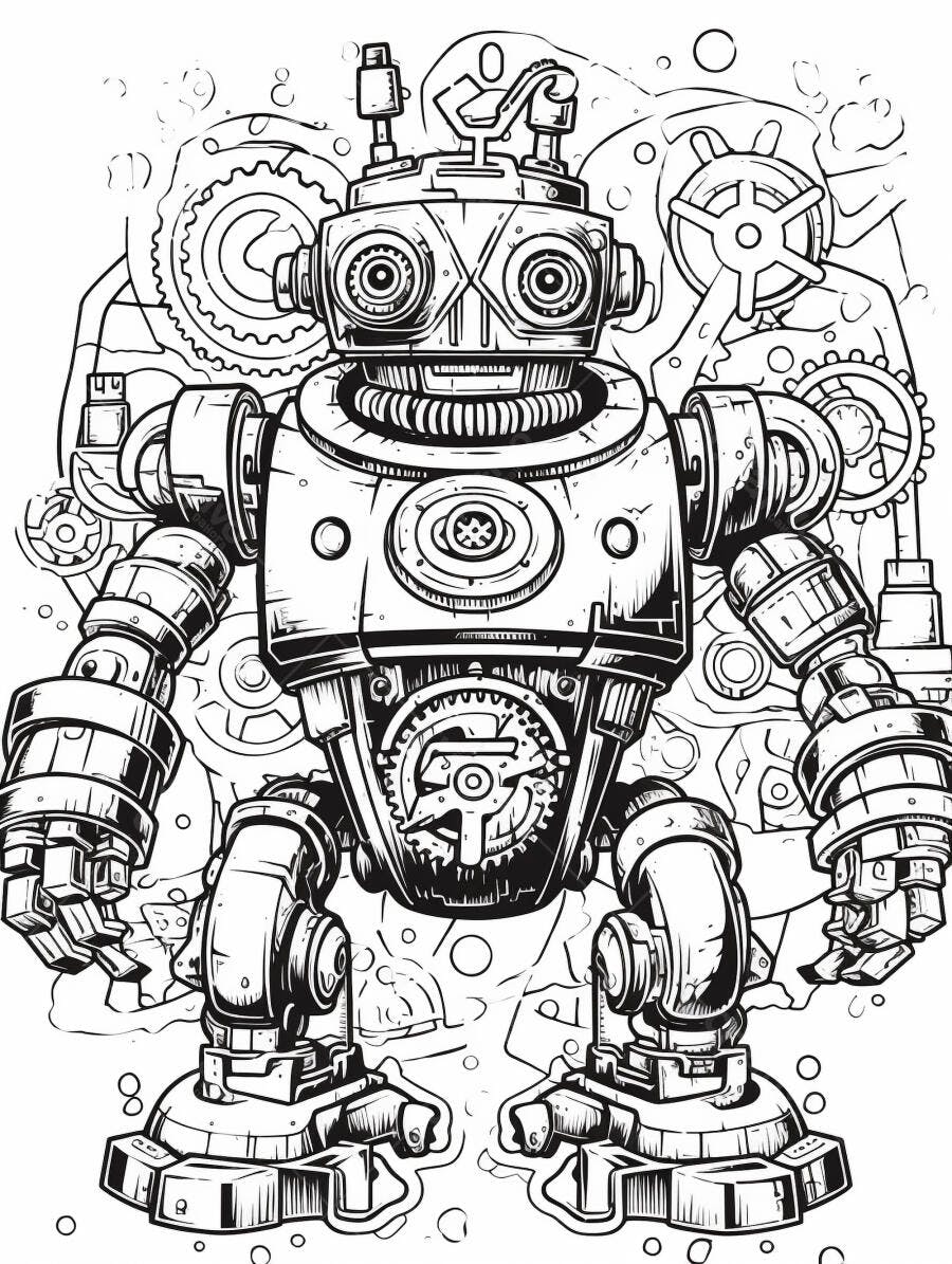 Robô vintage detalhado com engrenagens fundo preto e branco ilustração