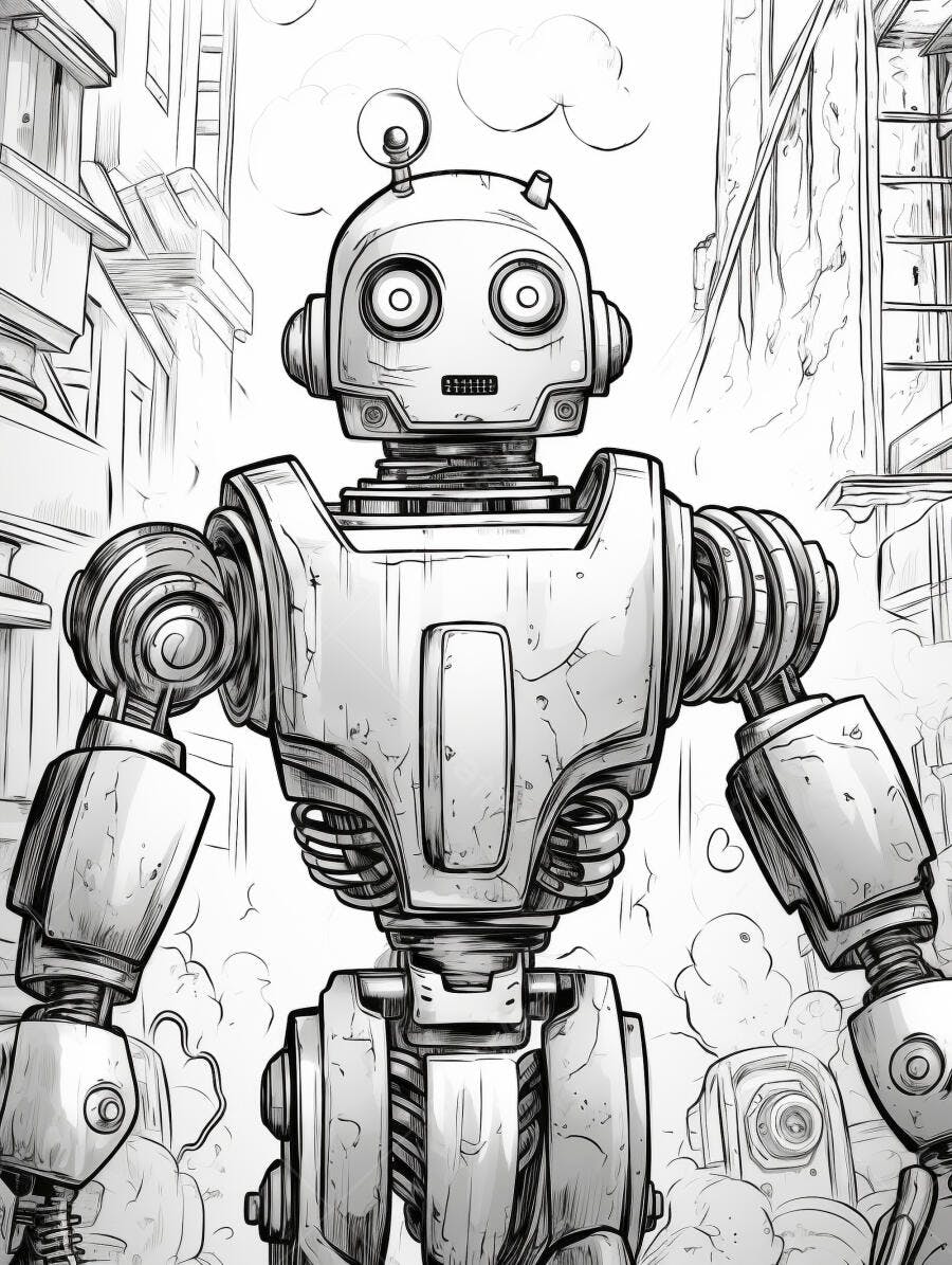 Robô humanoide cinza desenho em estilo quadrinhos na cidade futurista industrial