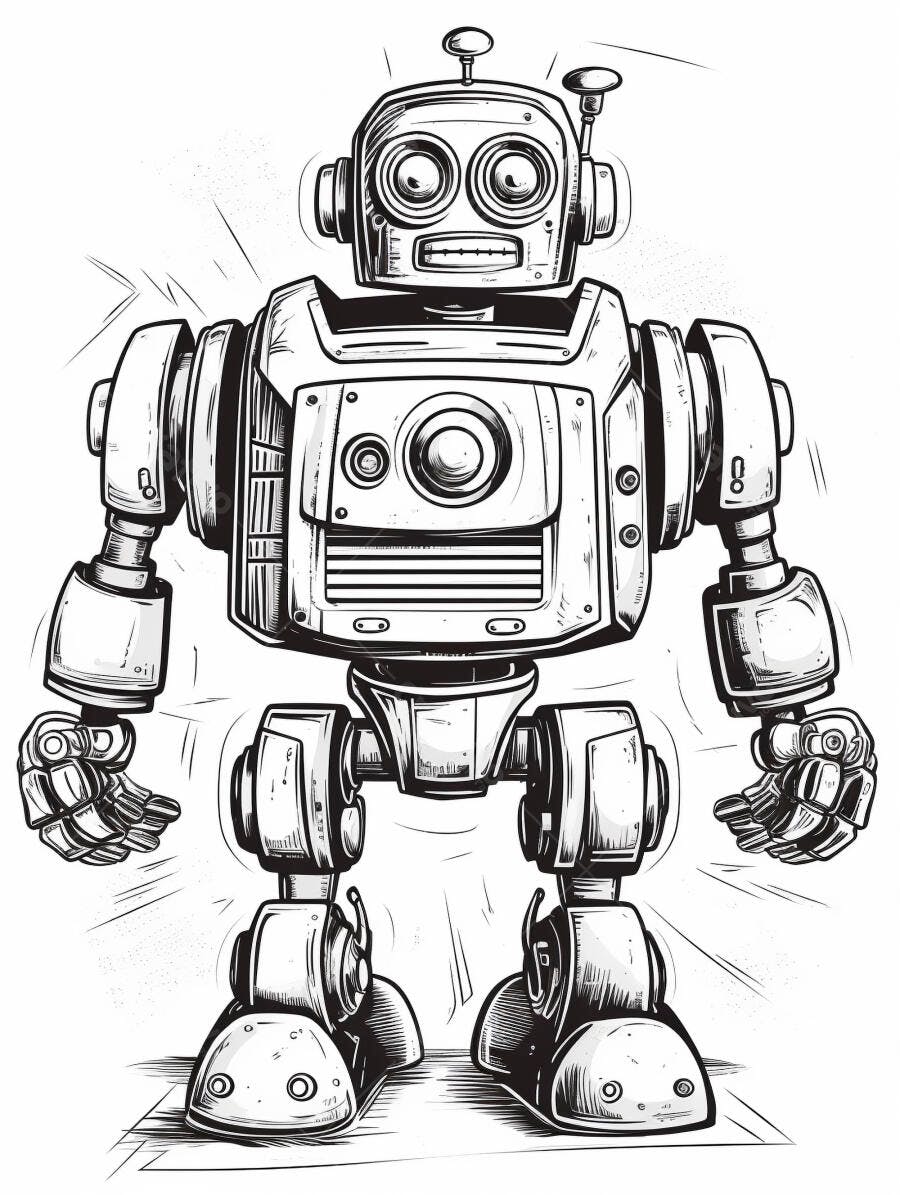 Robô retrô em estilo desenho animado com antenas e corpo metálico