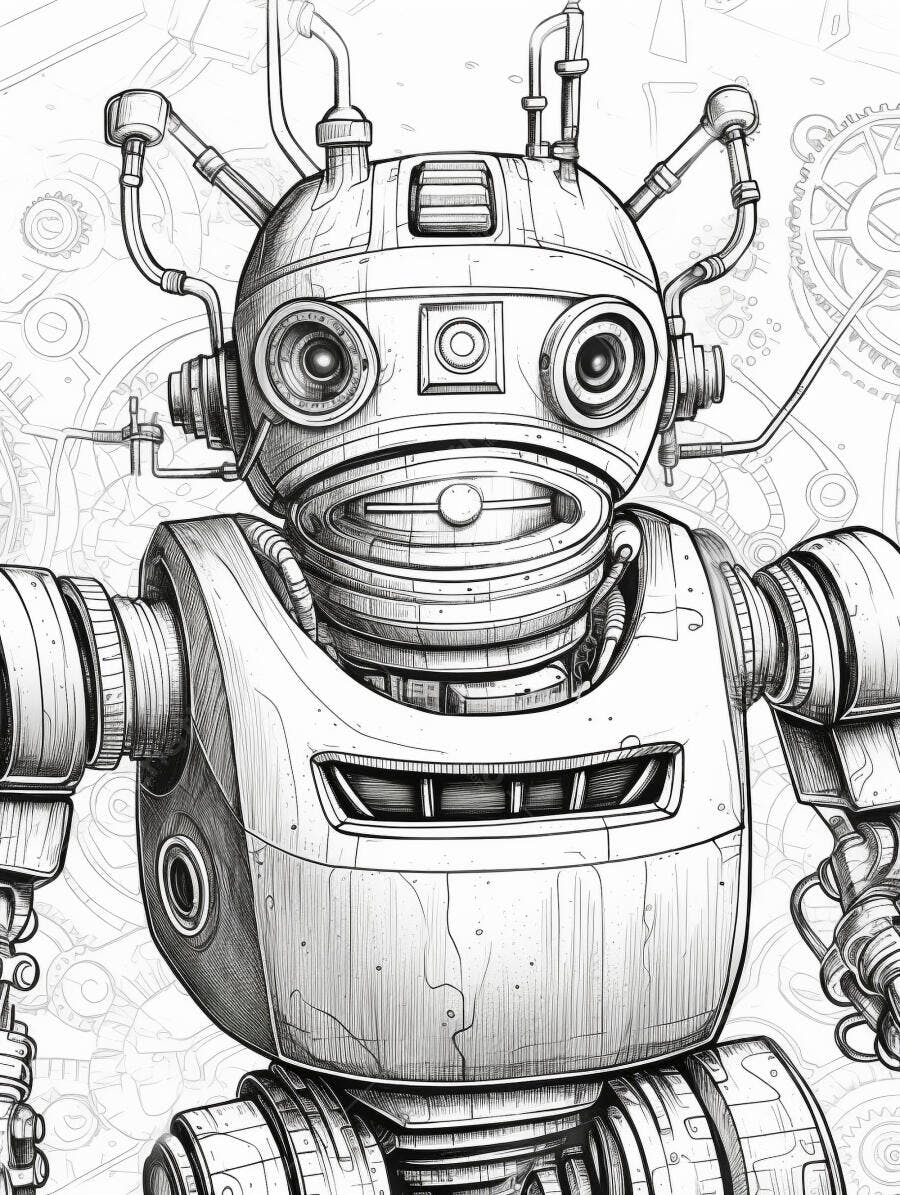 Robô retro detalhado em desenho preto e branco com engrenagens e tubos