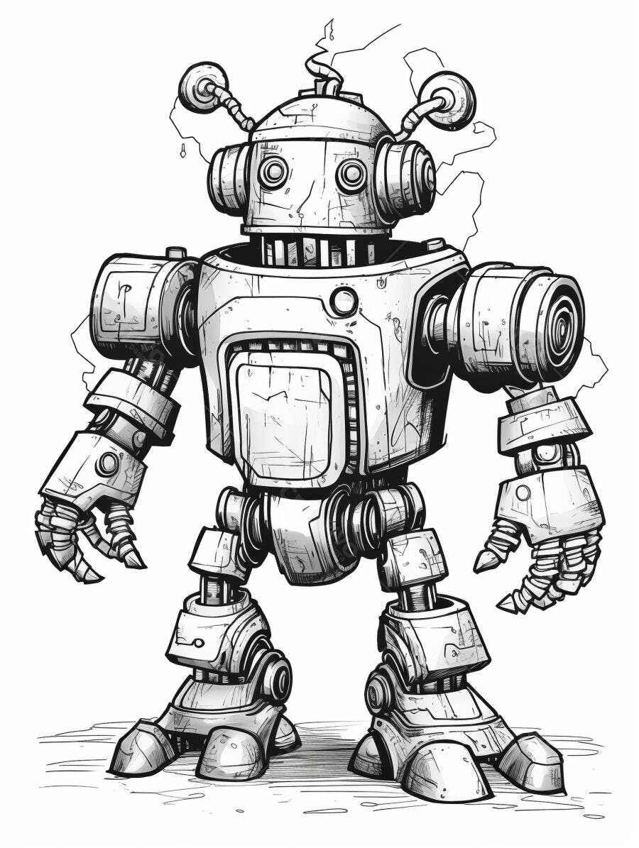 Robô vintage amigável ilustração em preto e branco estilo desenho animado