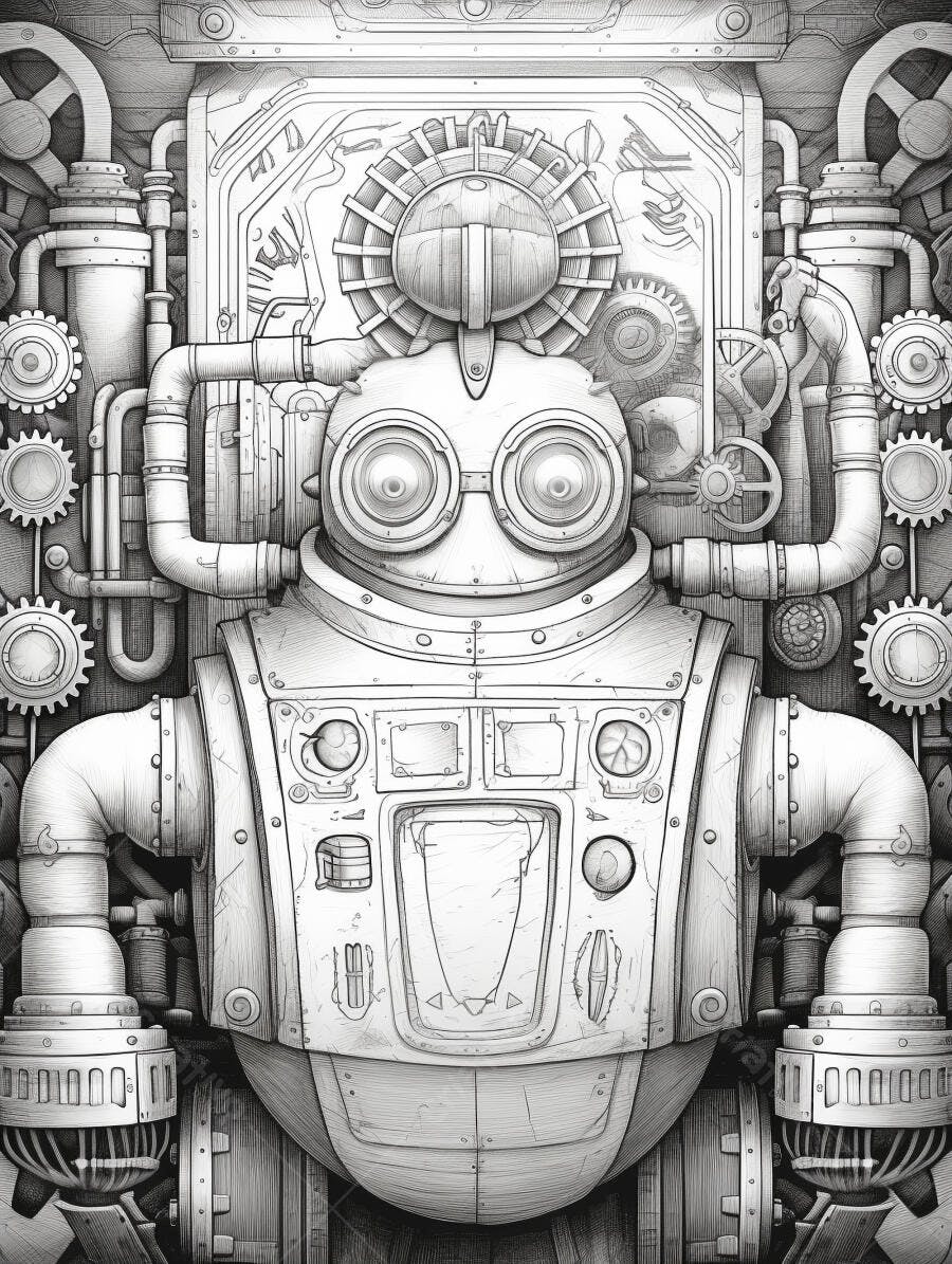 Robô vintage steampunk com engrenagens e tubulações ilustração monocromática
