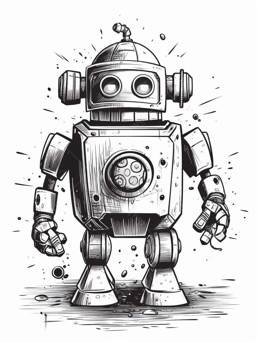 Robô cartoon preto e branco com olhos grandes e antena ilustração digital