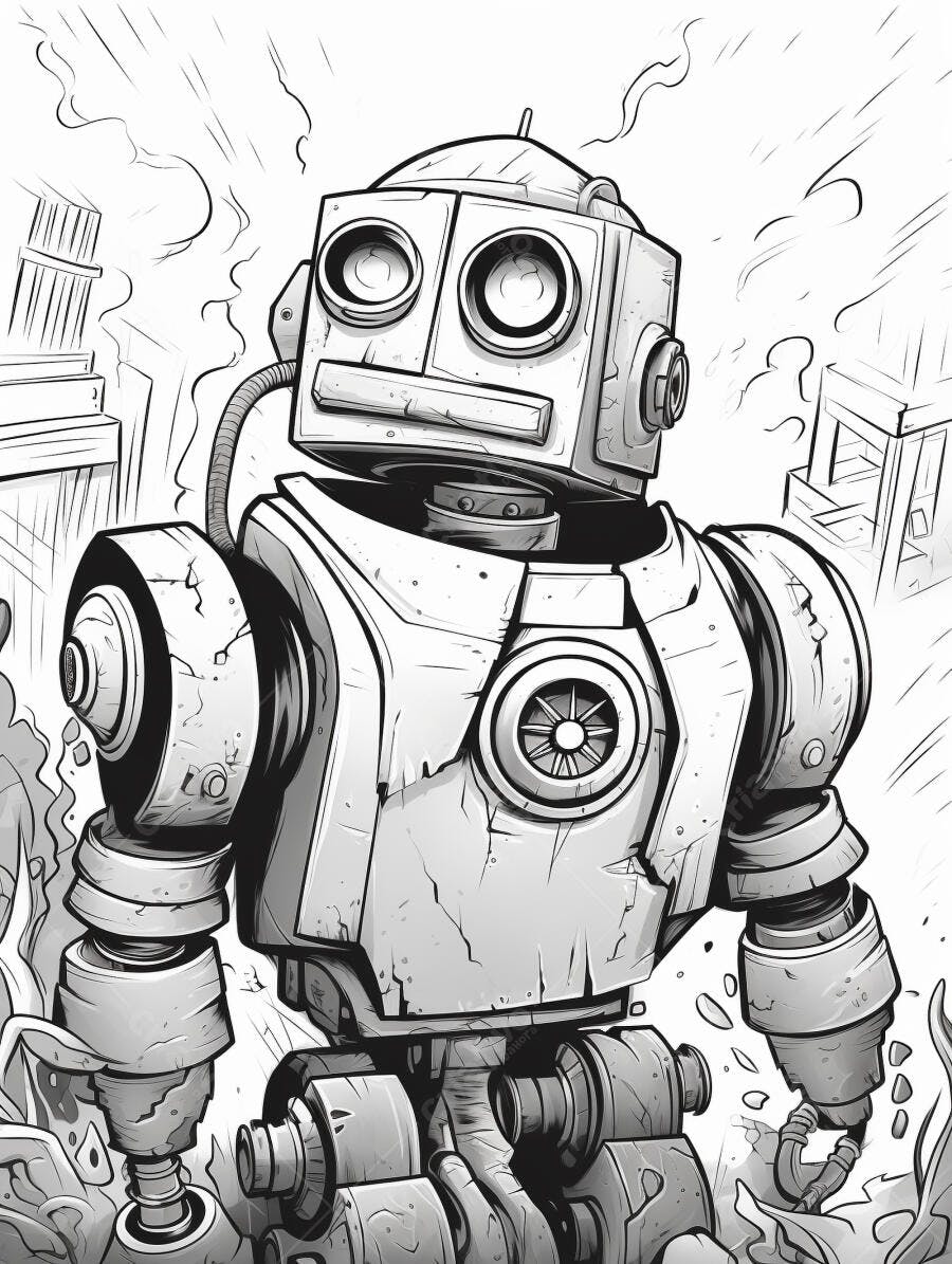 Robô vintage em arte digital monocromática em ruínas urbanas