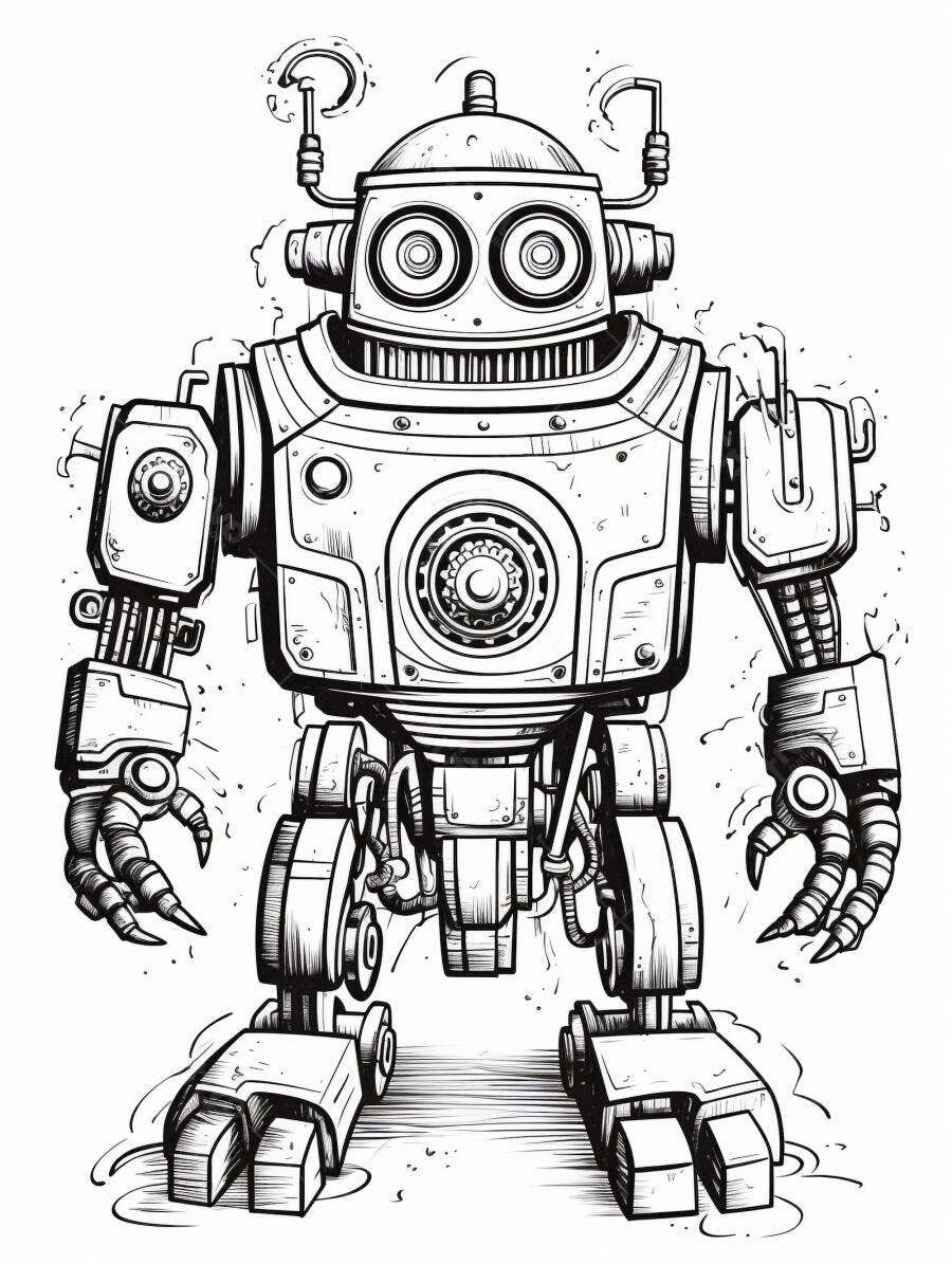 Robô vintage em desenho preto e branco para colorir