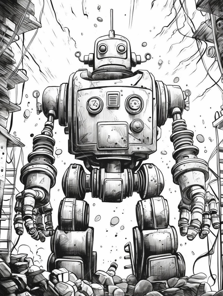 Robô vintage gigante em cenário industrial destruído preto e branco