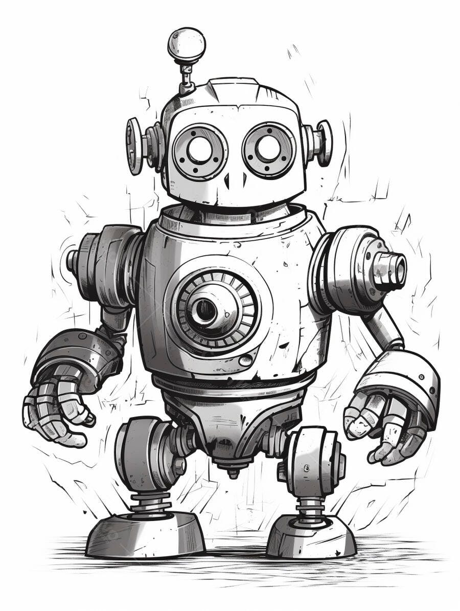 Robô vintage ilustração preta e branca estilo desenho animado