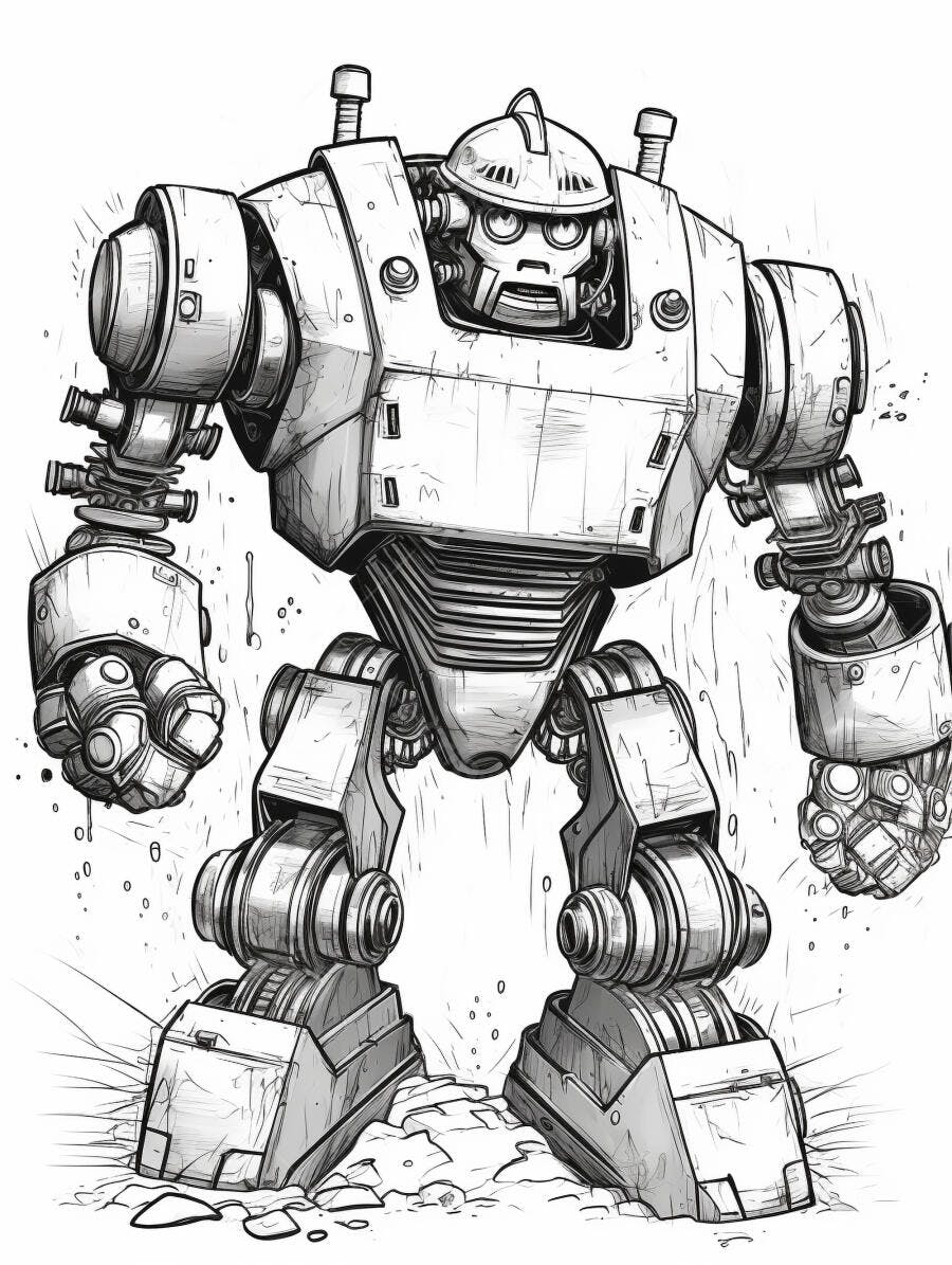 Robô gigante robusto em preto e branco ilustração esboço com capacete