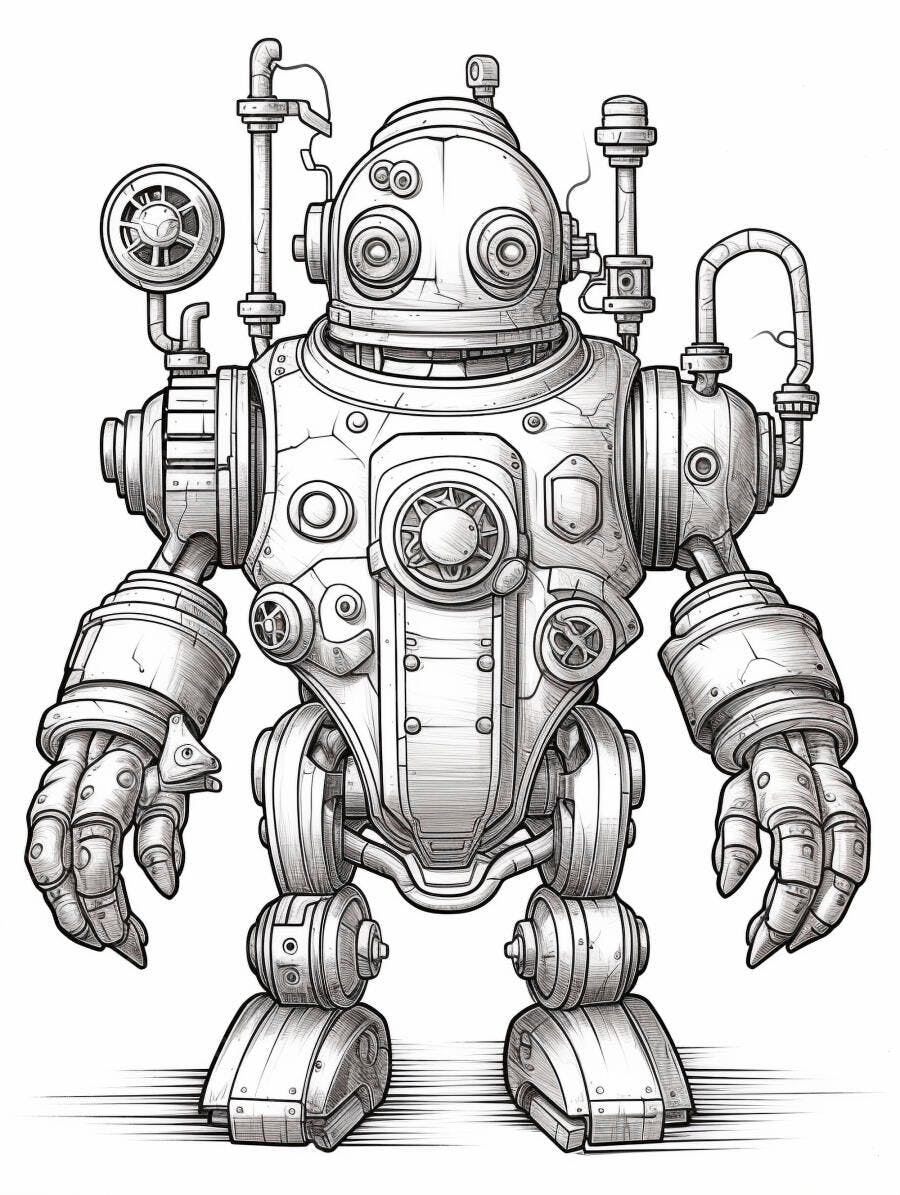 Robô steampunk vintage ilustração preto e branco em fundo isolado