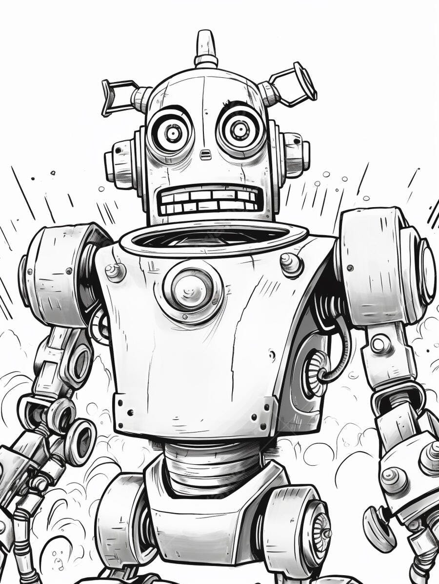 Robô vintage sorridente desenho animado preto e branco