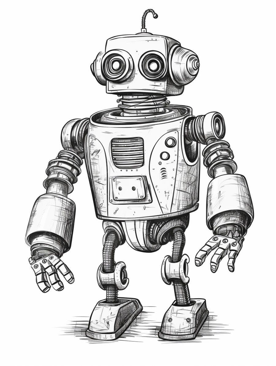 Robô retro desenho animado preto e branco com antena e olhos redondos