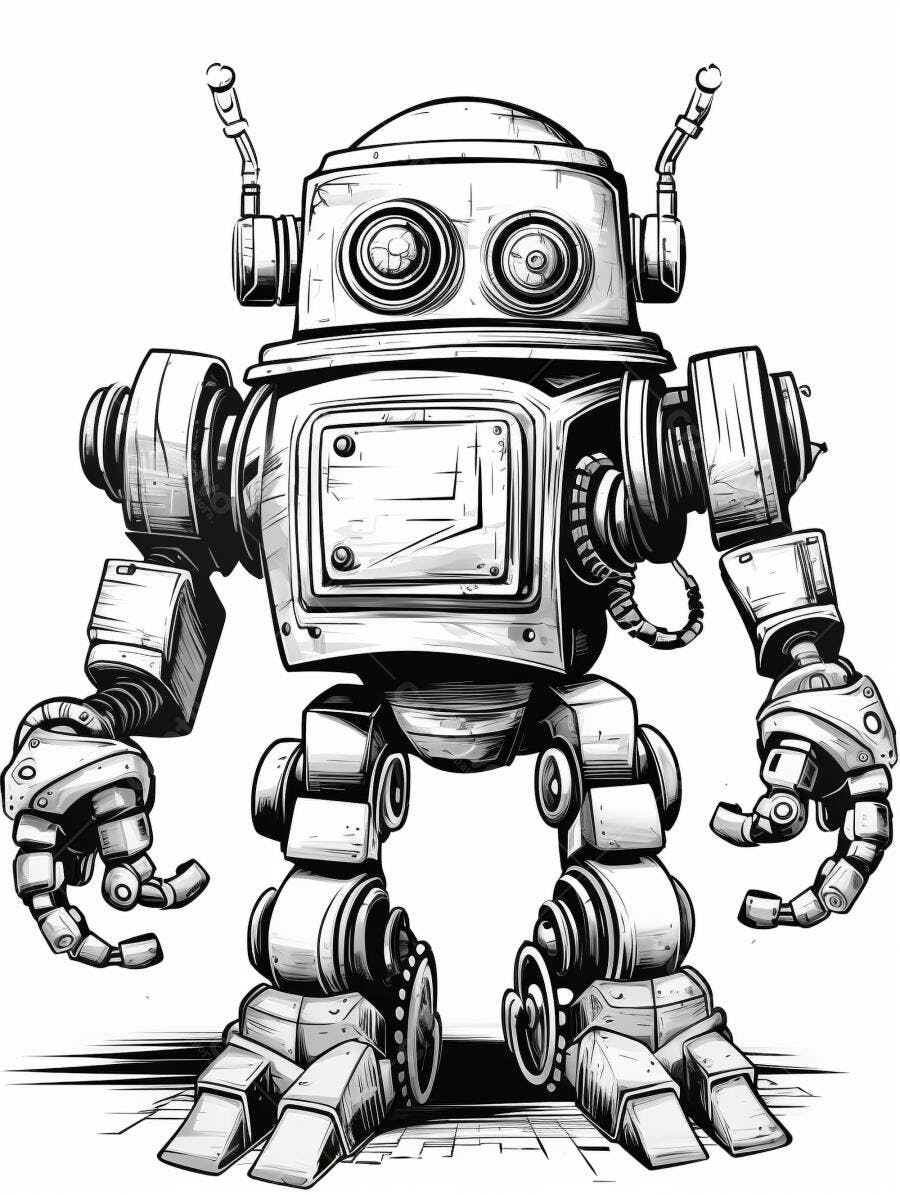 Robô vintage com grandes olhos e antenas em ilustração preta e branca