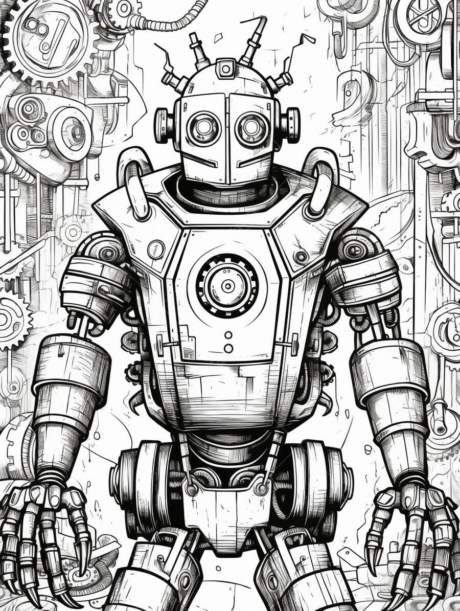 Robô steampunk detalhado ilustração preto e branco em cenário industrial
