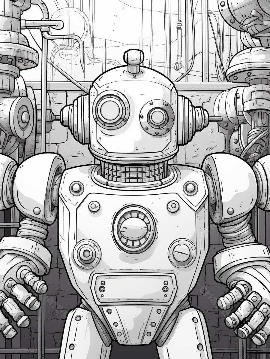 Robô vintage detalhado em estilo desenho industrial em uma fábrica