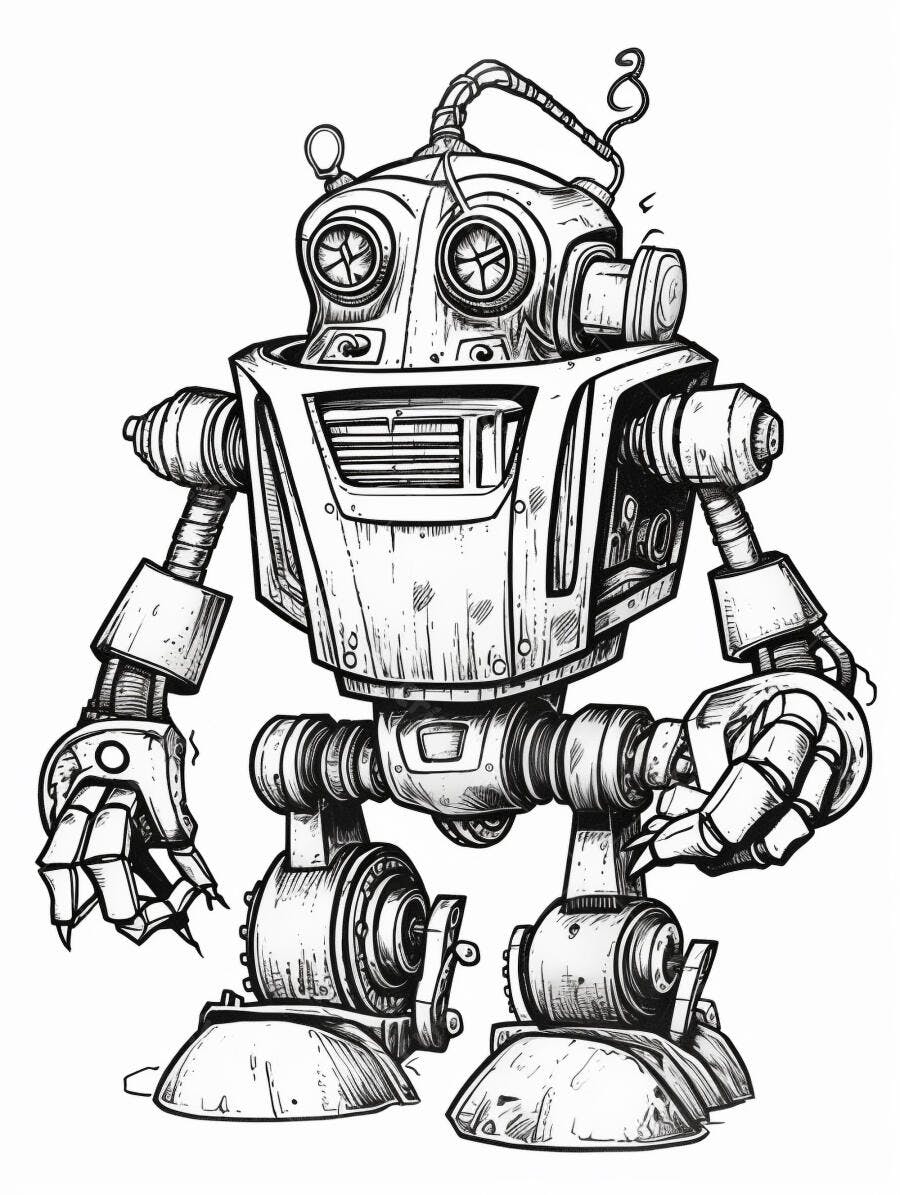 Robô vintage desenho preto e branco com detalhes mecânicos