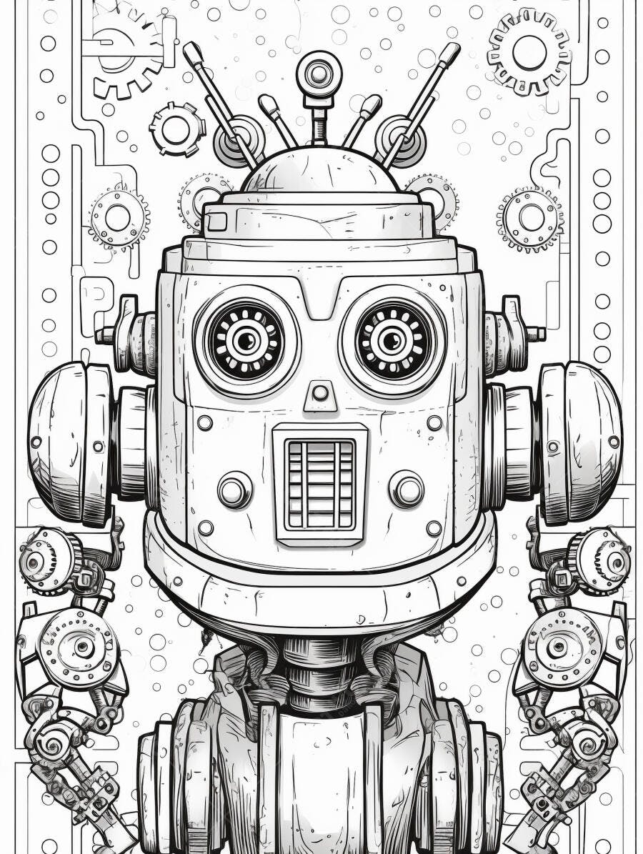 Robô vintage mecânico estilo desenho para colorir com engrenagens