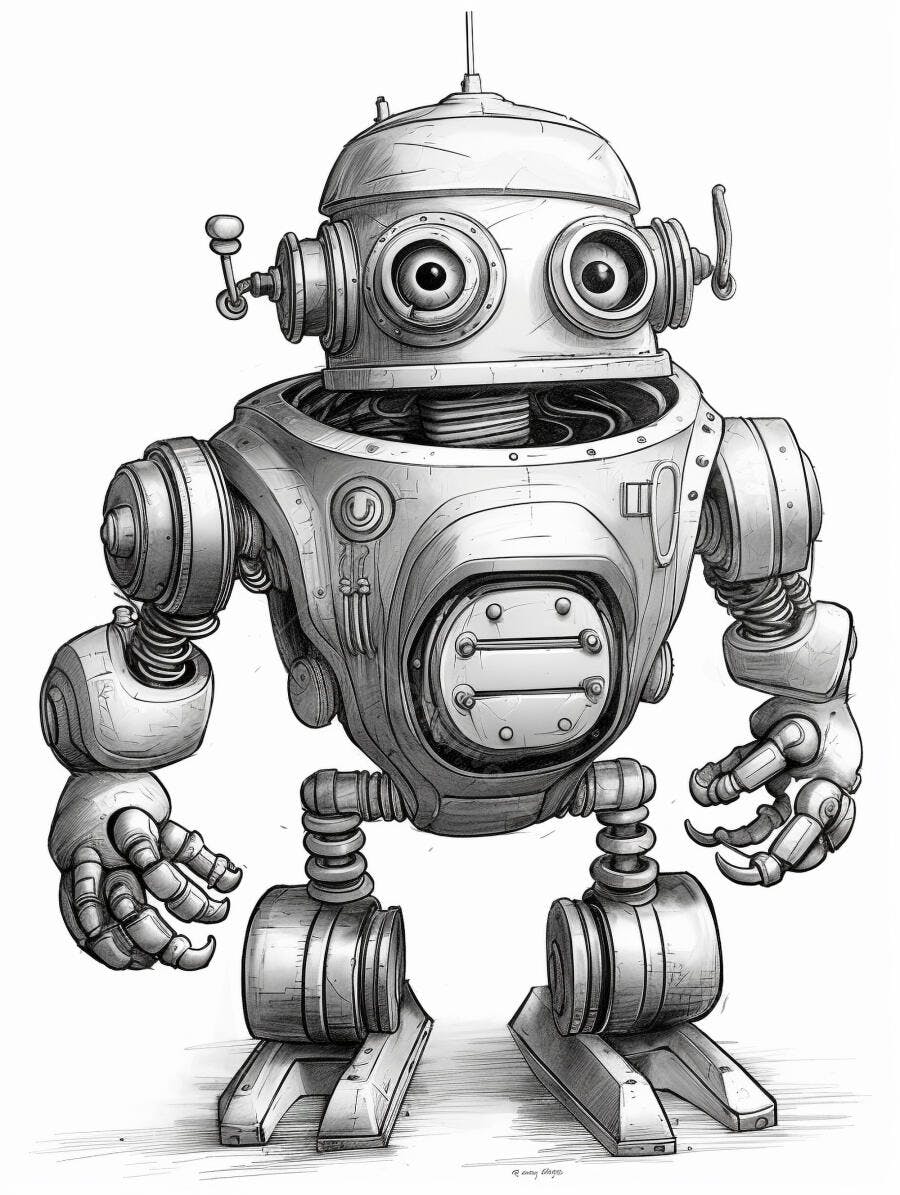 Robô vintage desenhado em preto e branco com detalhes metálicos