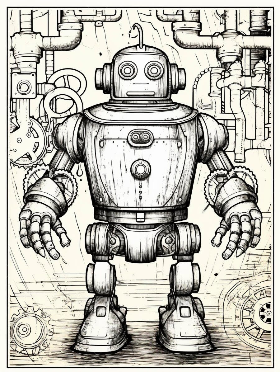 Robô vintage mecânico em fábrica industrial ilustração preto e branco