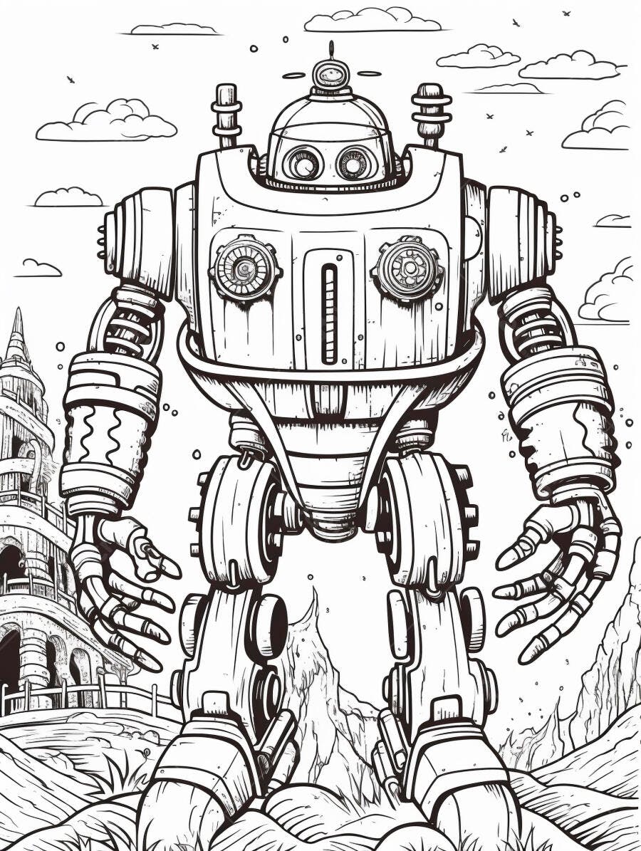 Robô gigante estilo steampunk em paisagem fantástica para colorir
