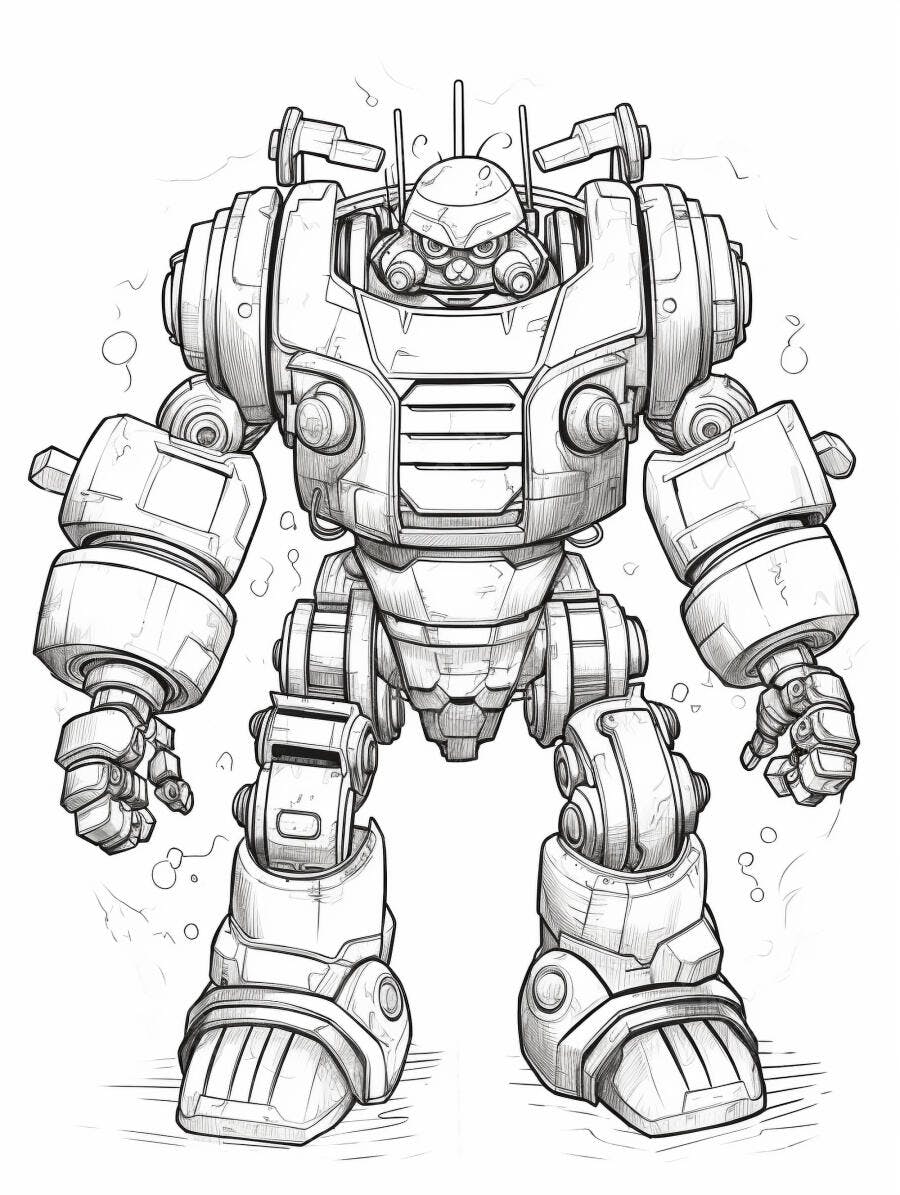 Robô de desenho animado futurista com linhas pretas em fundo branco