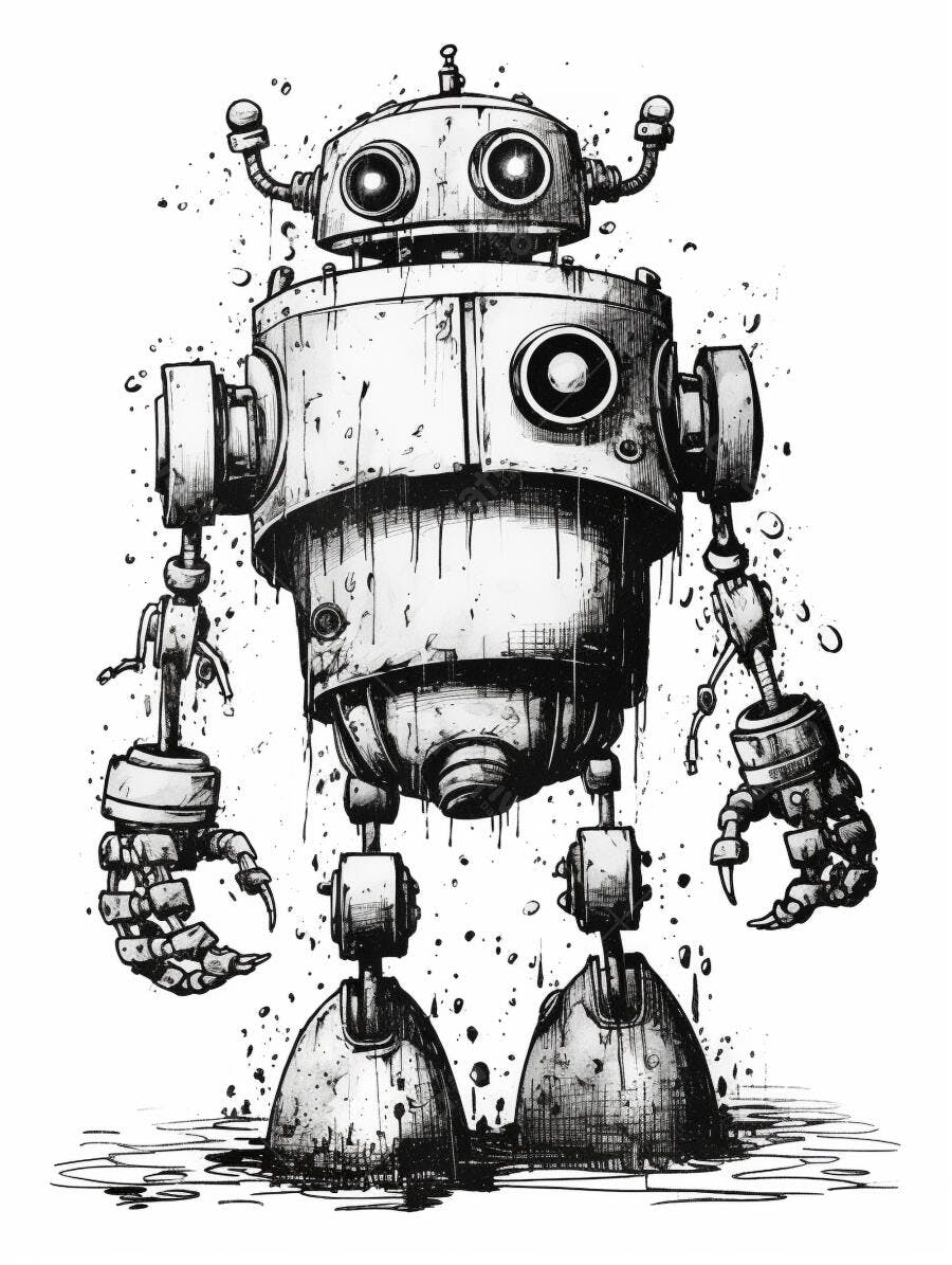 Robô vintage desenho estilo ink grunge preto e branco com detalhes metálicos
