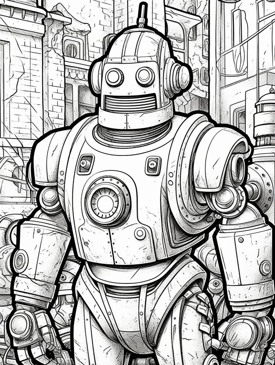 Robô vintage em cidade industrial desenho preto e branco