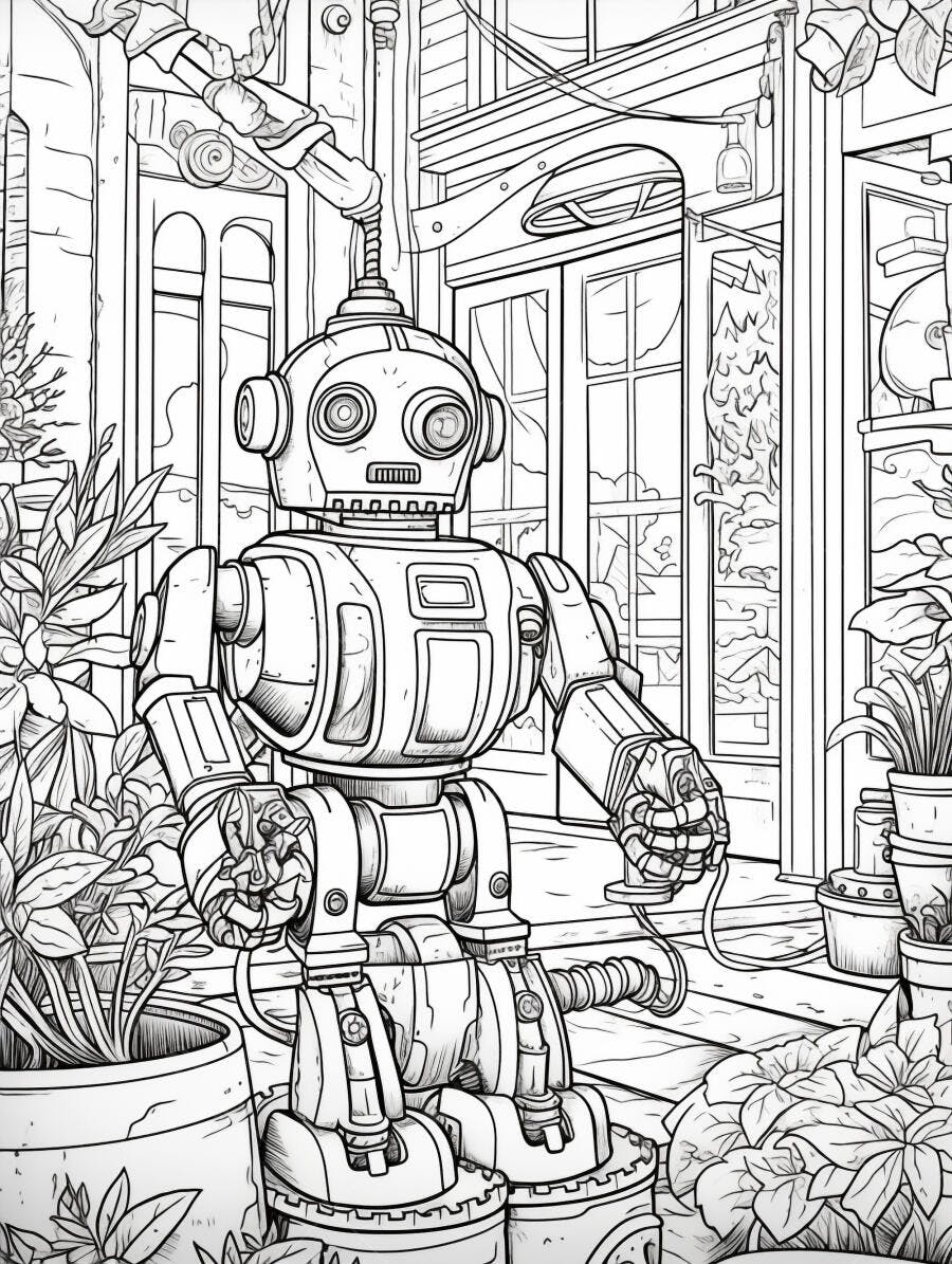 Robô jardineiro vintage cuidando de plantas em pátio urbano ilustração