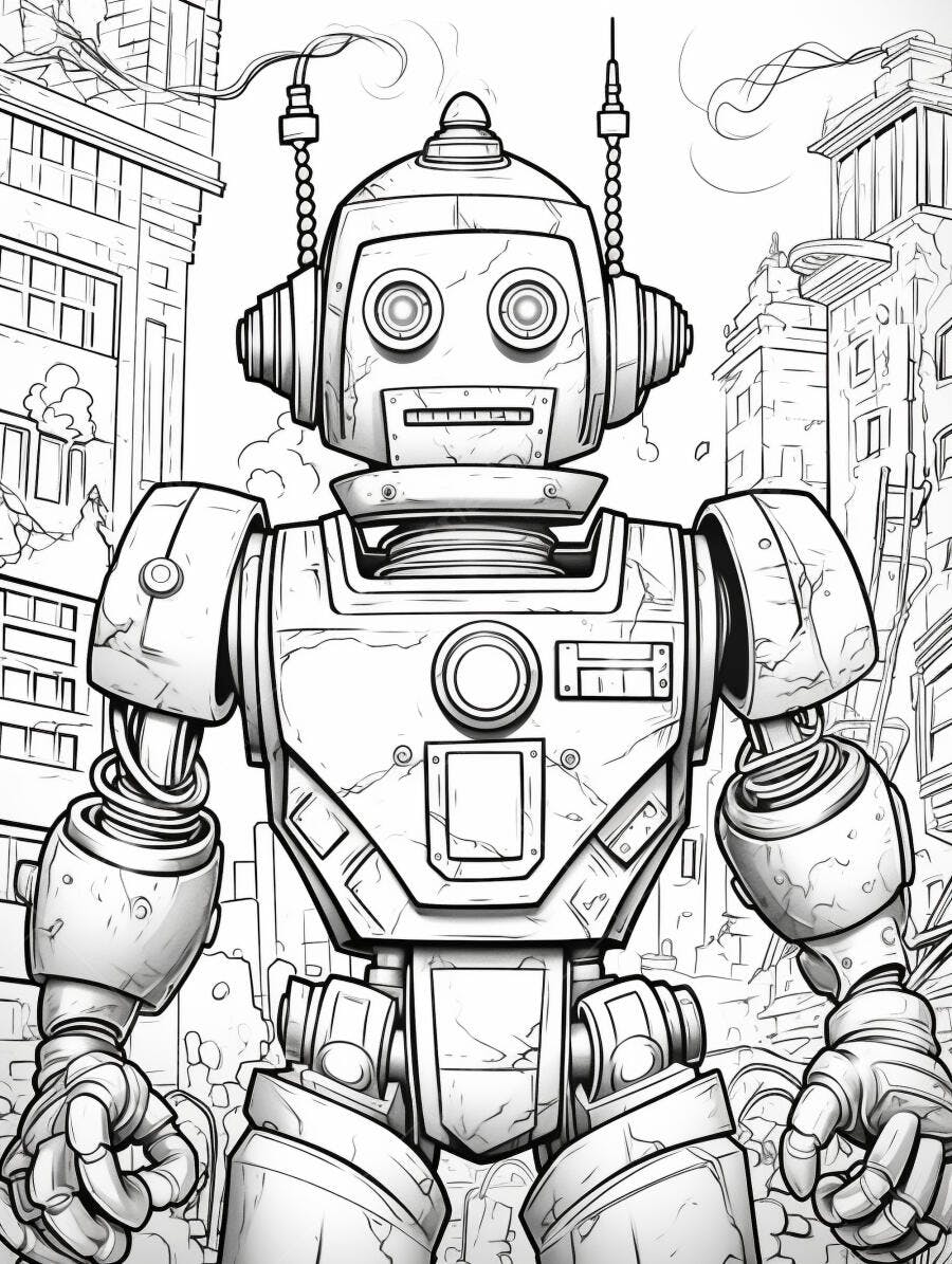 Robô clássico em cidade futurista preto e branco estilo arte de linha