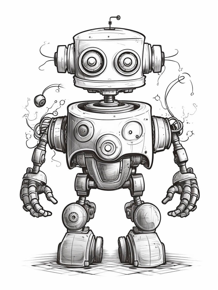 Robô cartoon vintage em desenho preto e branco com fios e engrenagens