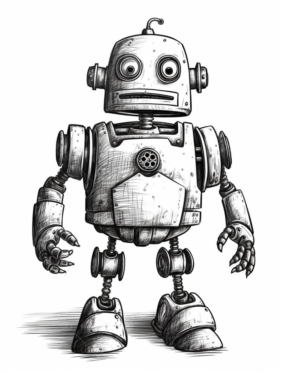 Robô vintage de metal em desenho preto e branco no estilo cartoon
