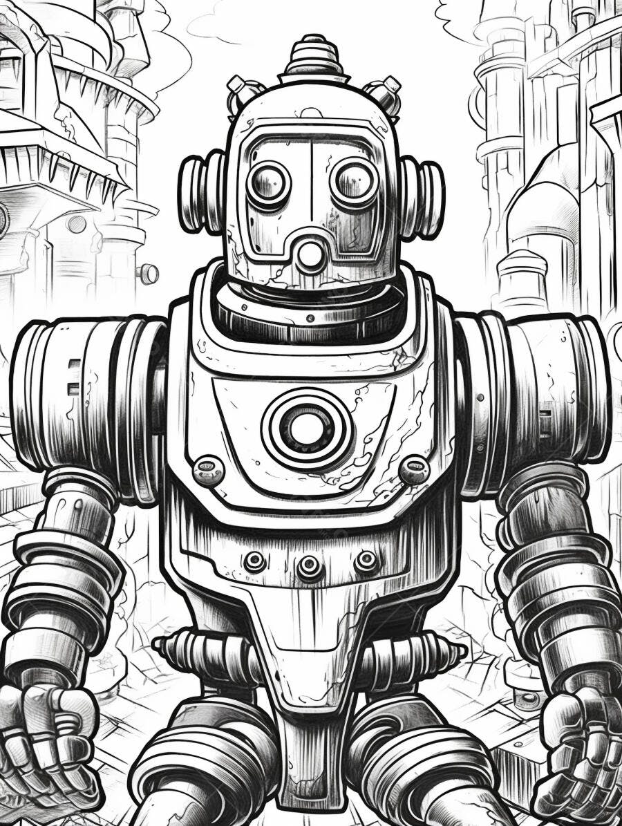 Robô vintage Steampunk em cidade futurista desenho preto e branco