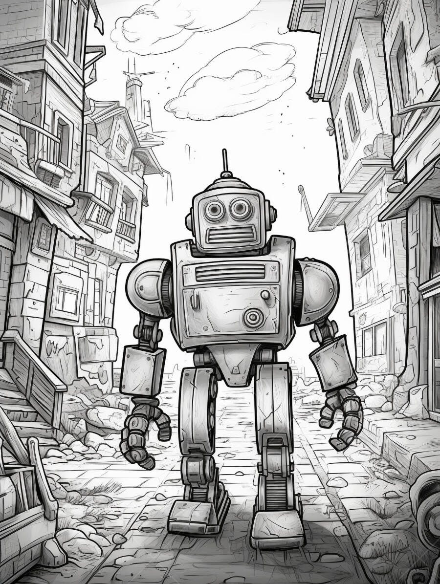 Robô vintage em rua antiga de cidade ilustração para colorir