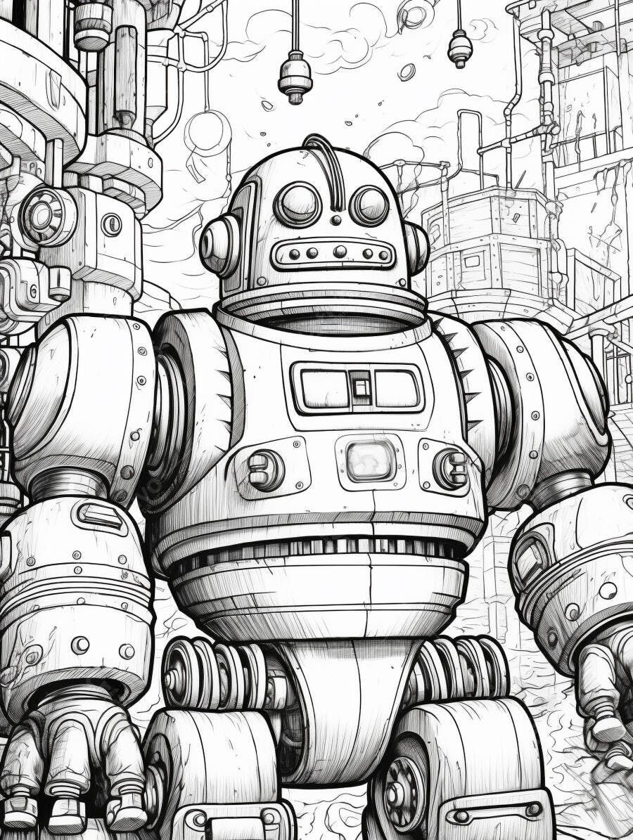Robô gigante estilo vintage em paisagem industrial futurista