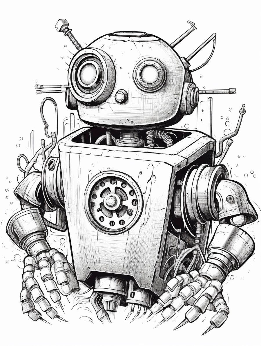 Robô vintage desenho a tinta detalhes mecânicos para colorir