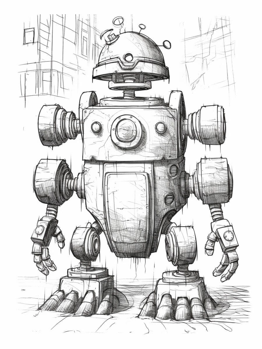 Robô mecânico cinza e branco em desenho de rascunho urbano futurista