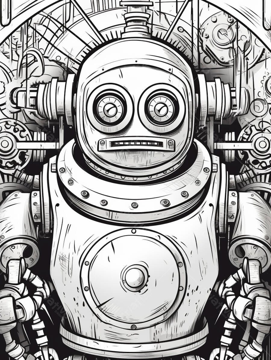 Robô vintage ilustração preto e branco com engrenagens de fundo