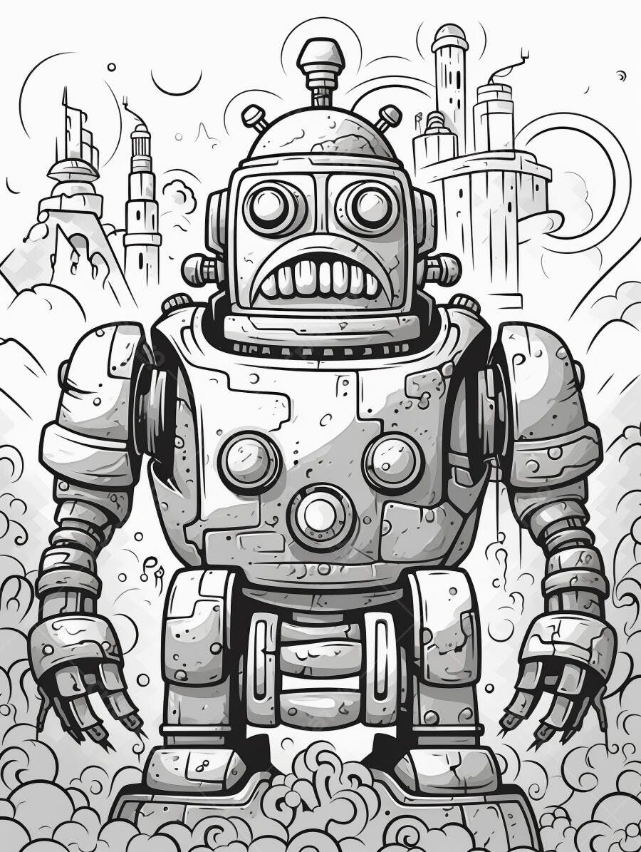 Robô vintage cinzento com expressão triste em cidade futurista ilustração