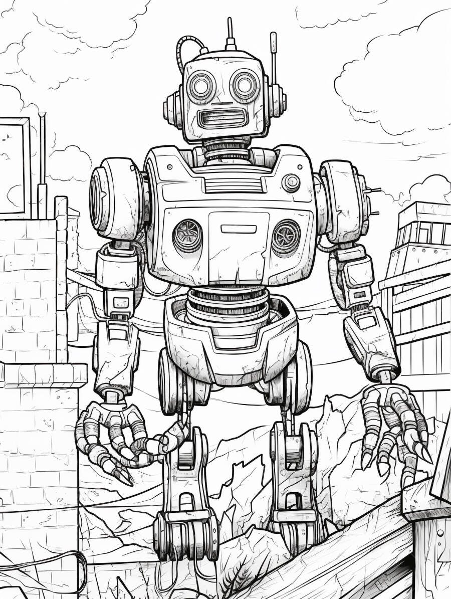 Robô gigante retro futurista em paisagem urbana desolada linha arte