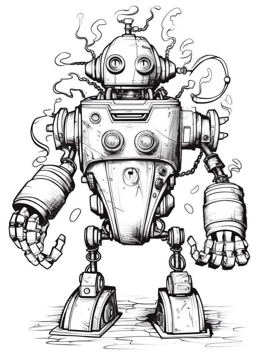 Robô vintage steampunk desenhado com engrenagens e vapor