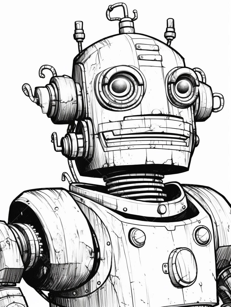 Ilustração de robô vintage em preto e branco com olhos grandes e antenas