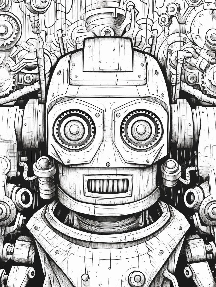 Robô vintage detalhado cabeça e tronco ilustração esboço preto e branco