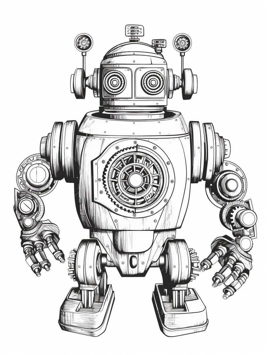 Robô mecânico vintage ilustração preto e branco isolado