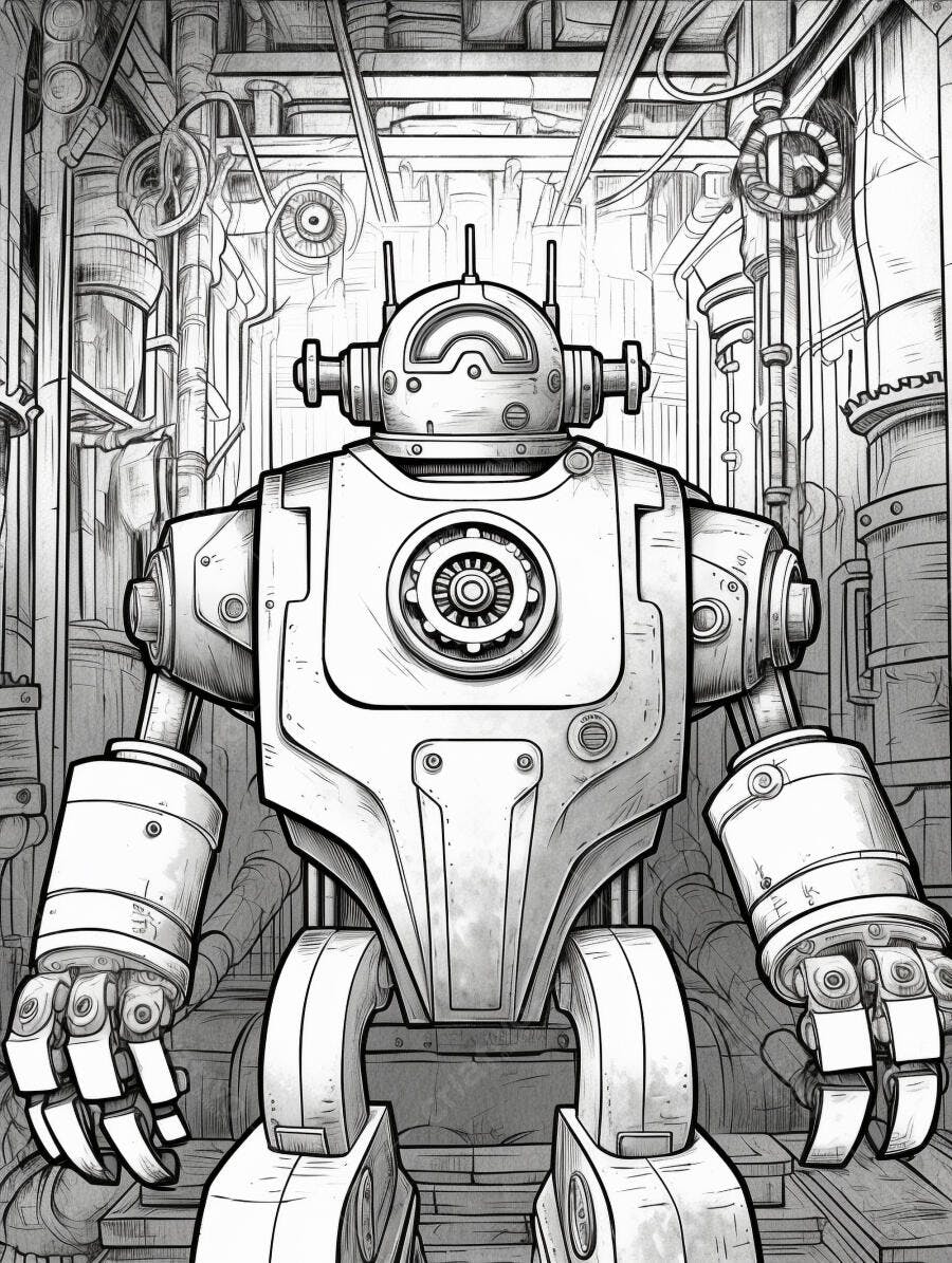 Robô gigante vintage em cenário fabril industrial arte monocromática