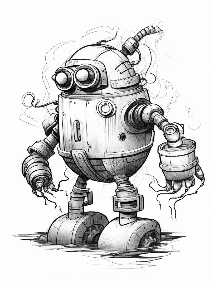 Robô vintage desenhado em preto e branco com grandes olhos e fios na água