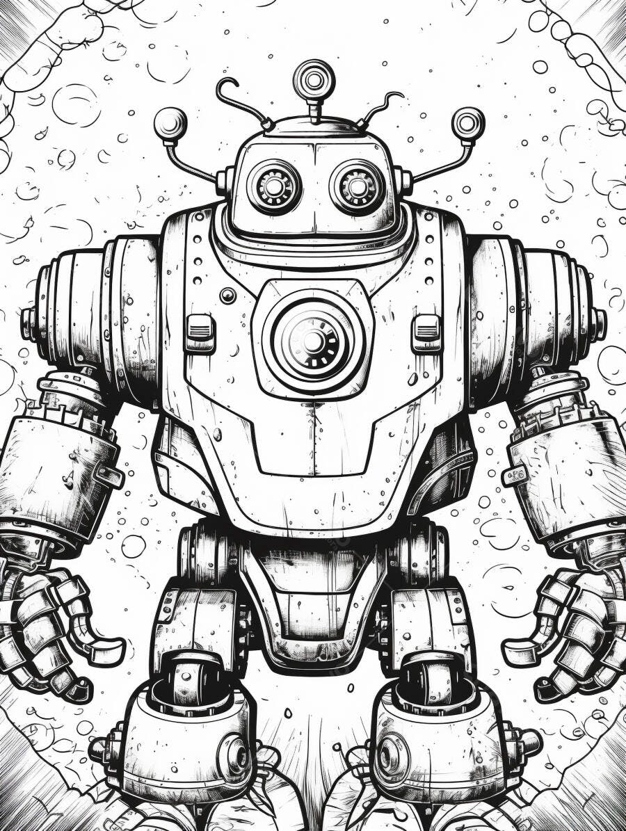 Robô retro futurista desenho preto e branco detalhado em estilo vintage