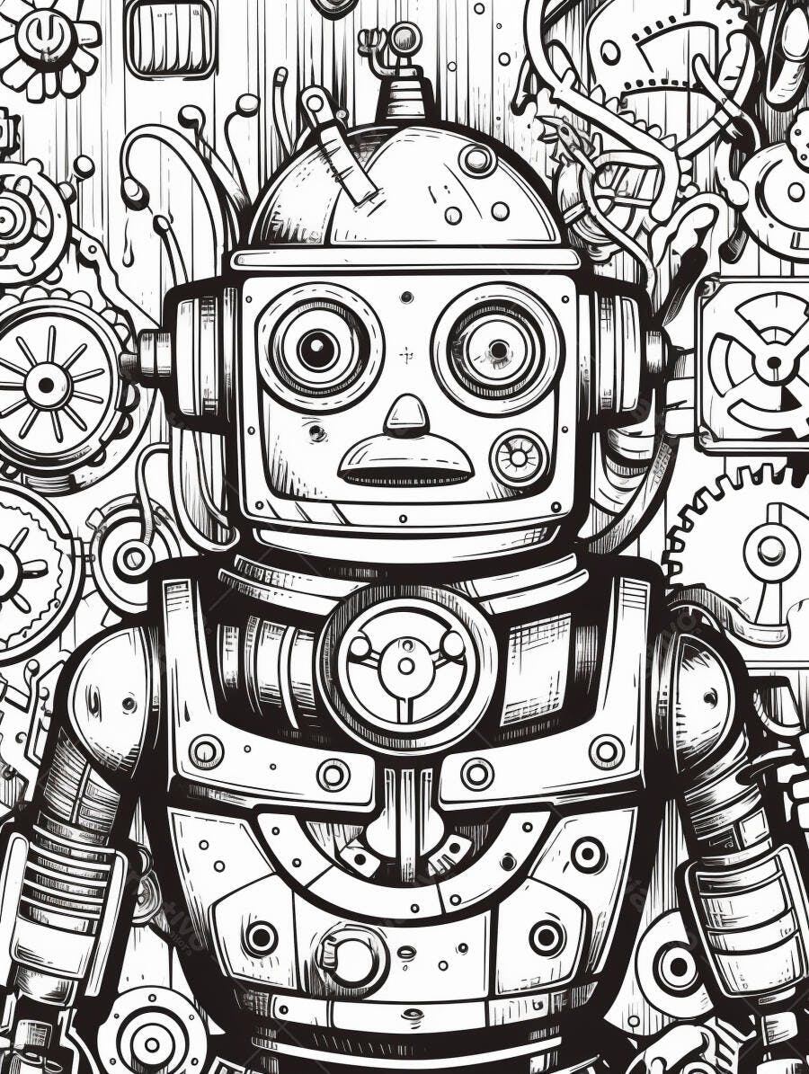 Robô vintage desenho complexo com engrenagens e fundo mecânico em preto e branco