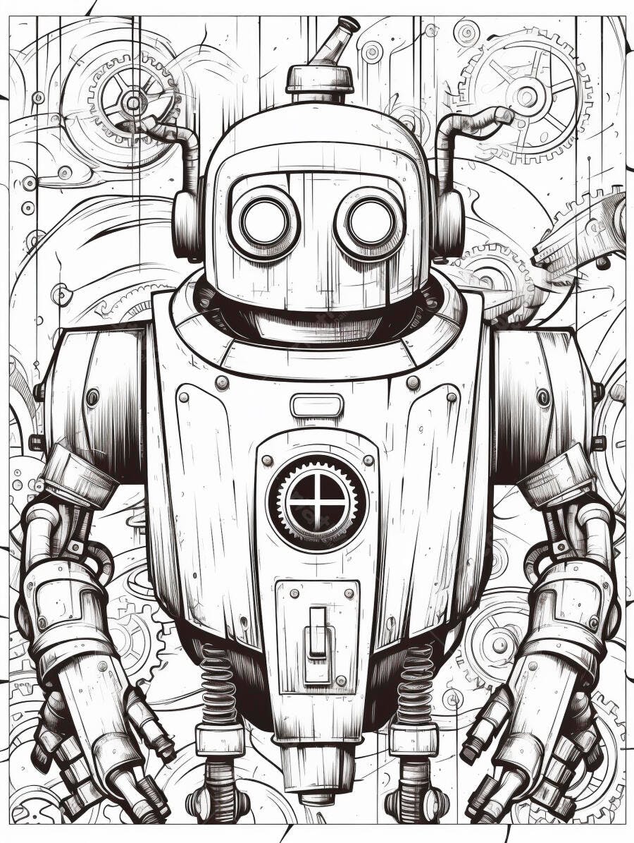 Robô vintage ilustrado em preto e branco com detalhes mecânicos e engrenagens