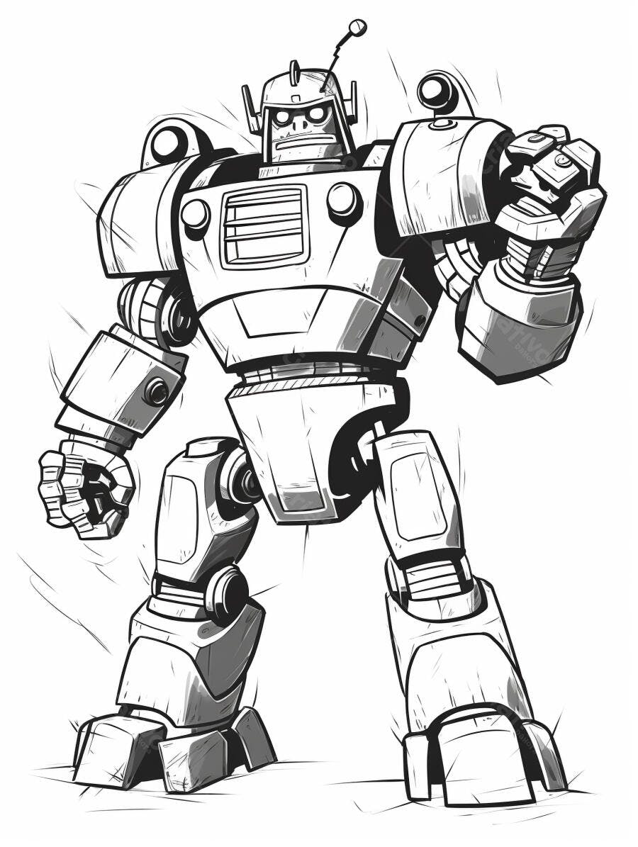 Robô gigante poderoso em estilo de desenho animado preto e branco
