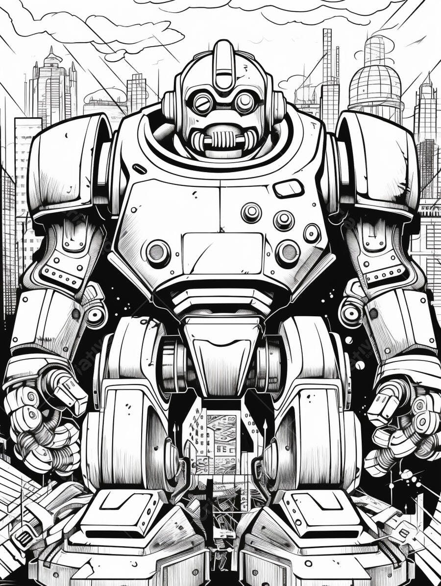 Robô gigante futurista em cidade monocromática ilustração